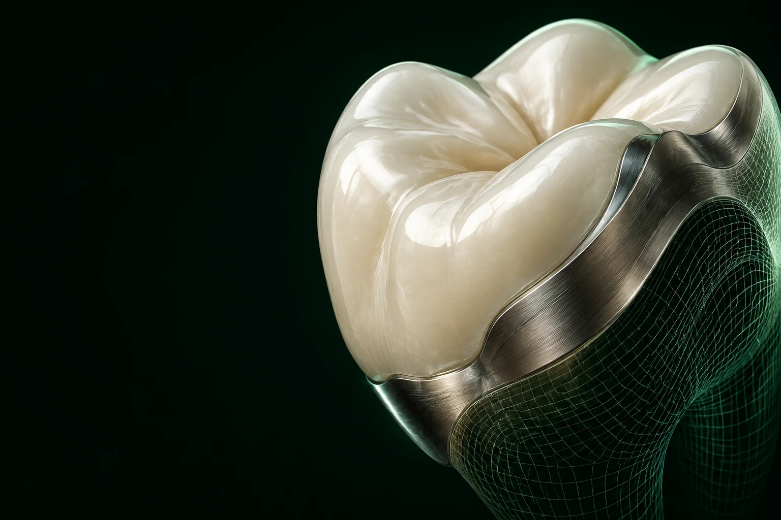 Sculptural ceramic dental crown with a precision digital mesh